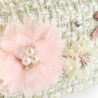 Floral Appliques Tweed Purse - Beige