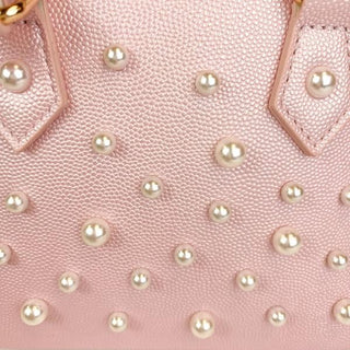 Pearl Studs Pink Leather Satchel Bag