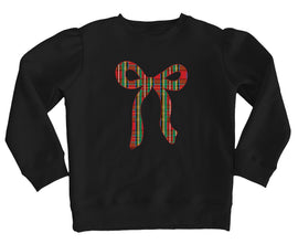 Christmas Plaid Bow Applique Black Holly