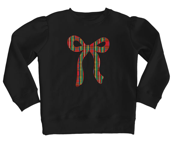Christmas Plaid Bow Applique Black Holly