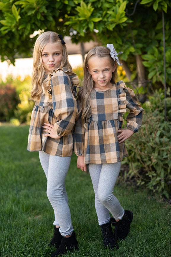 Mustard Gray Plaid Ruffle Button Set