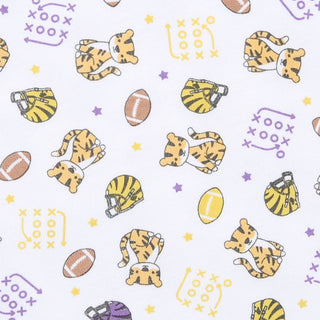 TIGER FOOTBALL PRINT SHORT PLAYSUIT - PURPLE/GOLD