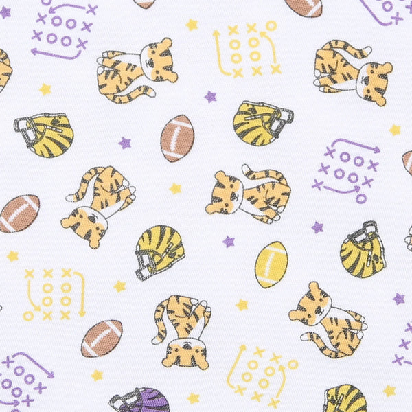 TIGER FOOTBALL PRINT SHORT PLAYSUIT - PURPLE/GOLD