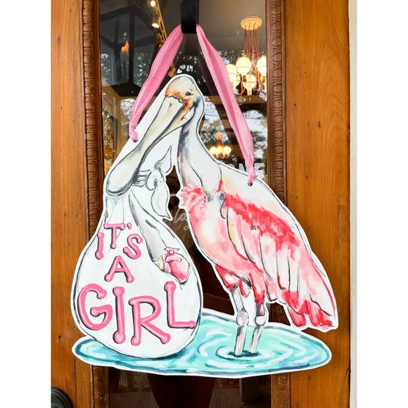 It's A Girl Spoonbill Door Hanger