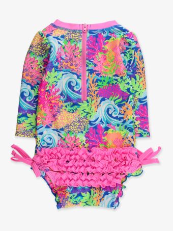 Neon Ocean Coral LS One Piece Rash Guard Swimsuit with Rear Ruffles