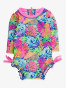 Neon Ocean Coral LS One Piece Rash Guard Swimsuit with Rear Ruffles-1