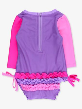 Neon Purple LS One Piece Rash Guard Swimsuit with Rear Ruffles - 0