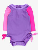 Neon Purple LS One Piece Rash Guard Swimsuit with Rear Ruffles-1