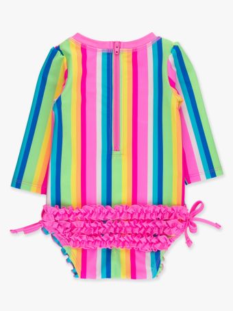 Neon Rainbow Stripe LS One Piece Rash Guard Swimsuit with Rear Ruffles