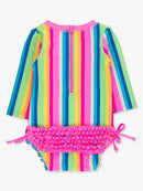 Neon Rainbow Stripe LS One Piece Rash Guard Swimsuit with Rear Ruffles-2