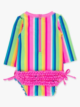 Neon Rainbow Stripe LS One Piece Rash Guard Swimsuit with Rear Ruffles - 0