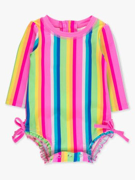Neon Rainbow Stripe LS One Piece Rash Guard Swimsuit with Rear Ruffles