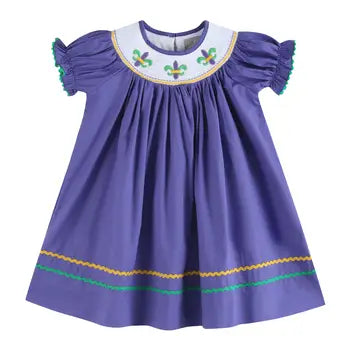 Purple Mardi Gras Smocked Bishop Dress