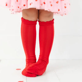 Bright Red Scalloped Knee High Socks - 0