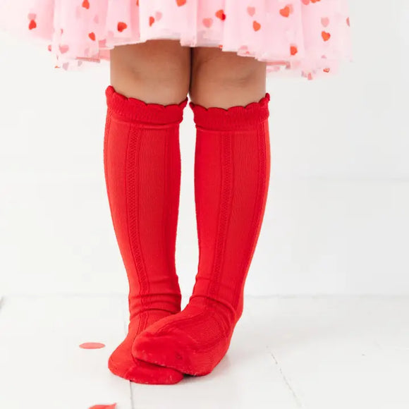 Bright Red Scalloped Knee High Socks