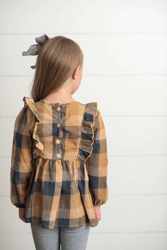 Mustard Gray Plaid Ruffle Button Set - 0