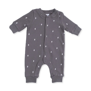 Lightning Bolt French Terry - Baseball Collar Button Up Romper