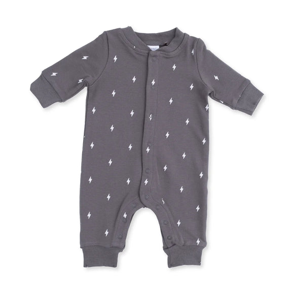 Lightning Bolt French Terry - Baseball Collar Button Up Romper