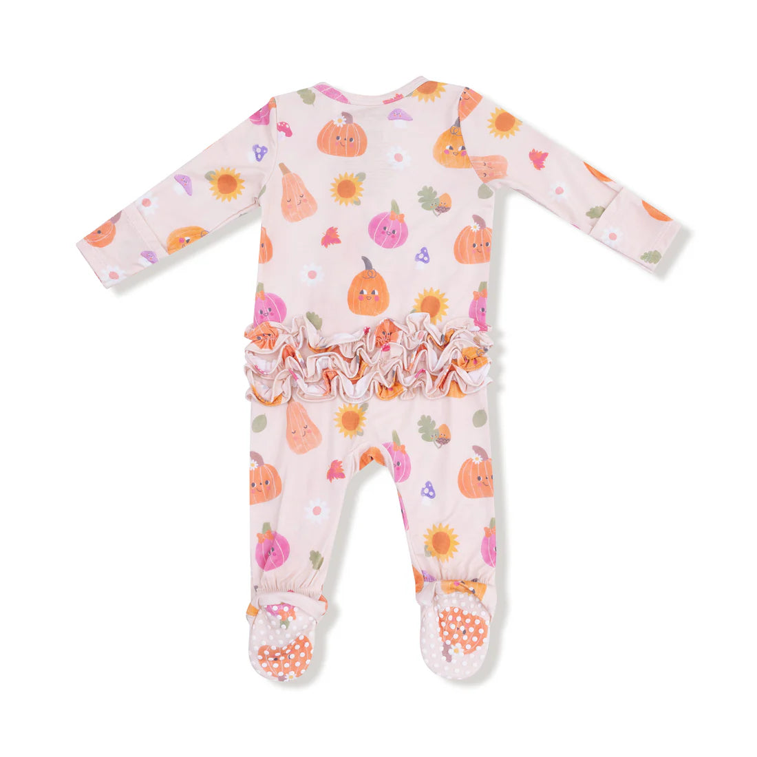 Autumn Pumpkins 2 Way Zipper Ruffle Back Footie - Pink - 0