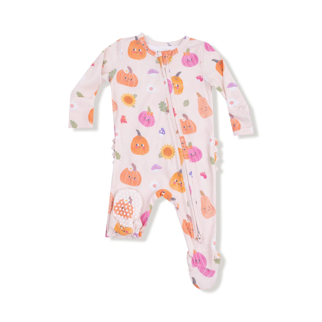 Autumn Pumpkins 2 Way Zipper Ruffle Back Footie - Pink