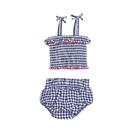 Navy Gingham Smocked Ruffle Top and Bloomer