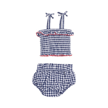 Navy Gingham Smocked Ruffle Top and Bloomer