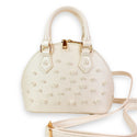 Cream Pearl Studs Leather Satchel Bag