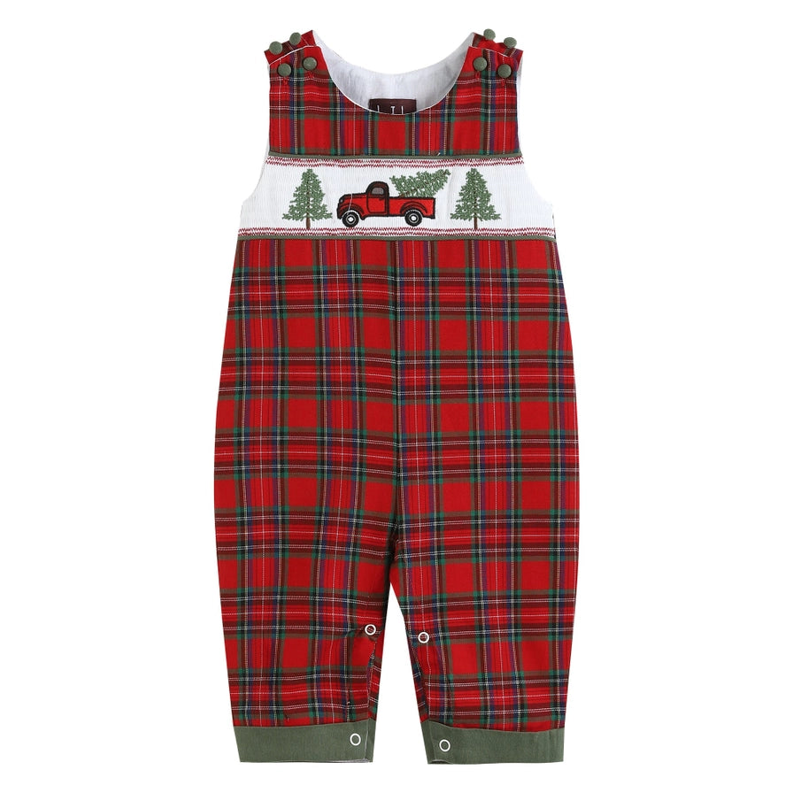 Red Paid Truck and Tree Smock Overalls