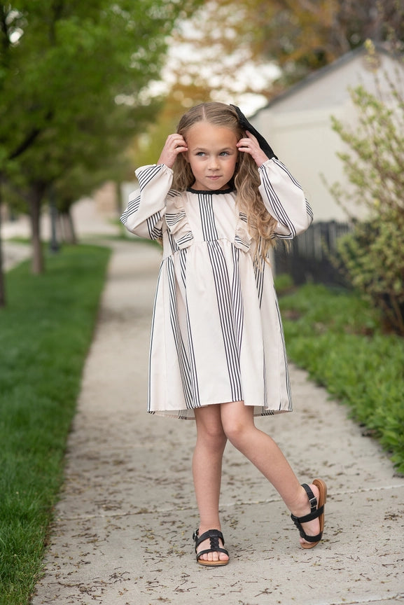 Cream & Black Stripe Puff Sleeve Dress