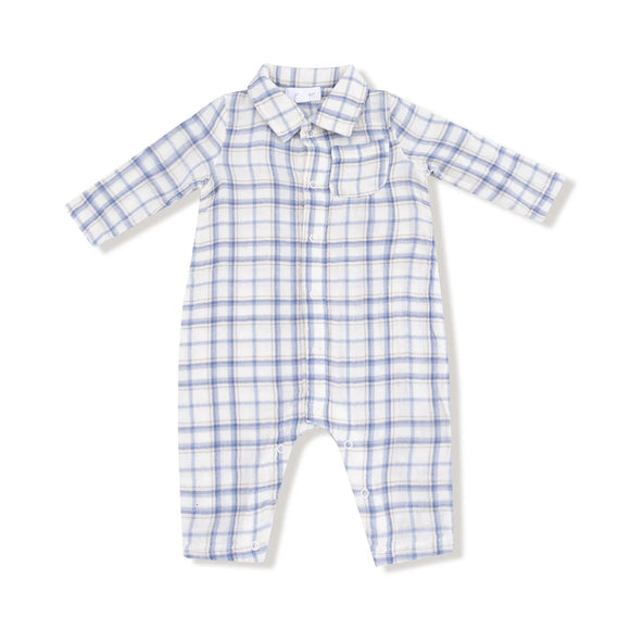 Blue Plaid Polo LS Henley Romper