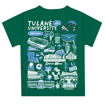 Tulane Green Wave Hand Sketched Vive La Fete Impressions Artwork Boys Green Short Sleeve Tee Shirt - 0
