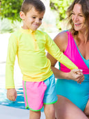 Neon Color Block Dolphin Hem Swim Trunks-3