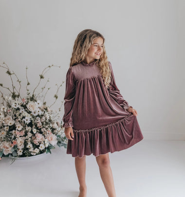 Dusty Rose Smocked Velvet Dress Oopsie Daisy