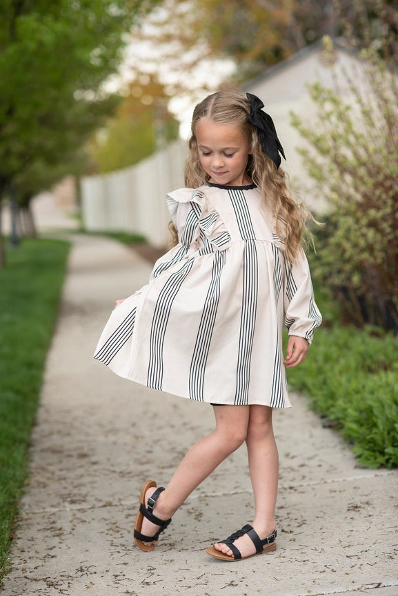 Cream & Black Stripe Puff Sleeve Dress