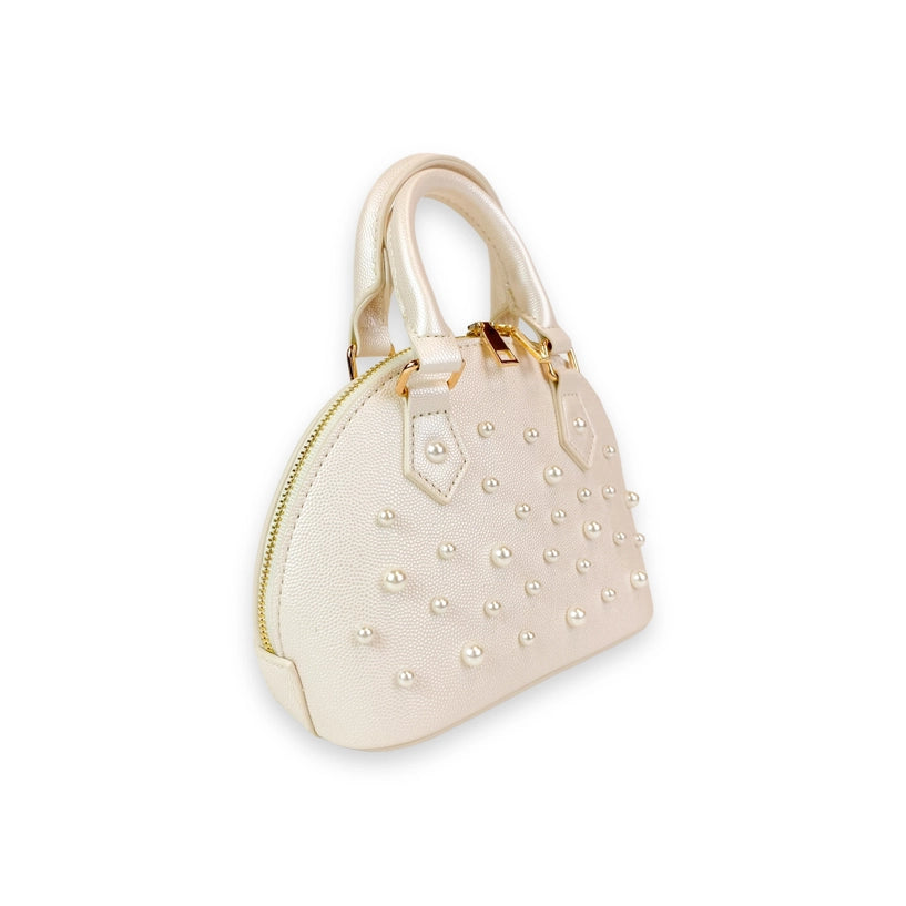 Cream Pearl Studs Leather Satchel Bag - 0