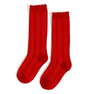 Bright Red Scalloped Knee High Socks