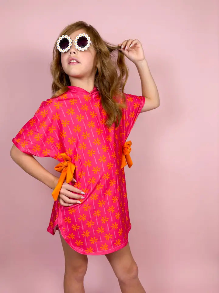 Pink Palm Tree Print Poncho | Bathing Suit Coverup - 0