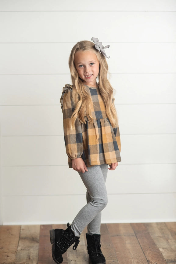 Mustard Gray Plaid Ruffle Button Set