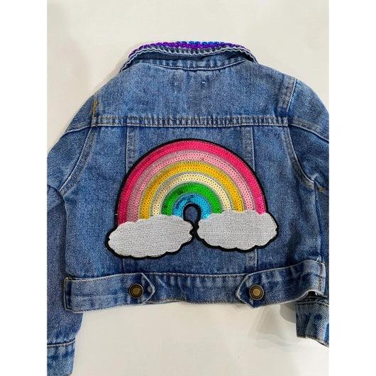 Patched Rainbow Denim Jacket with Gems - 0