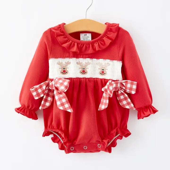 Christmas Smocking Embroidery Bow Girls Romper