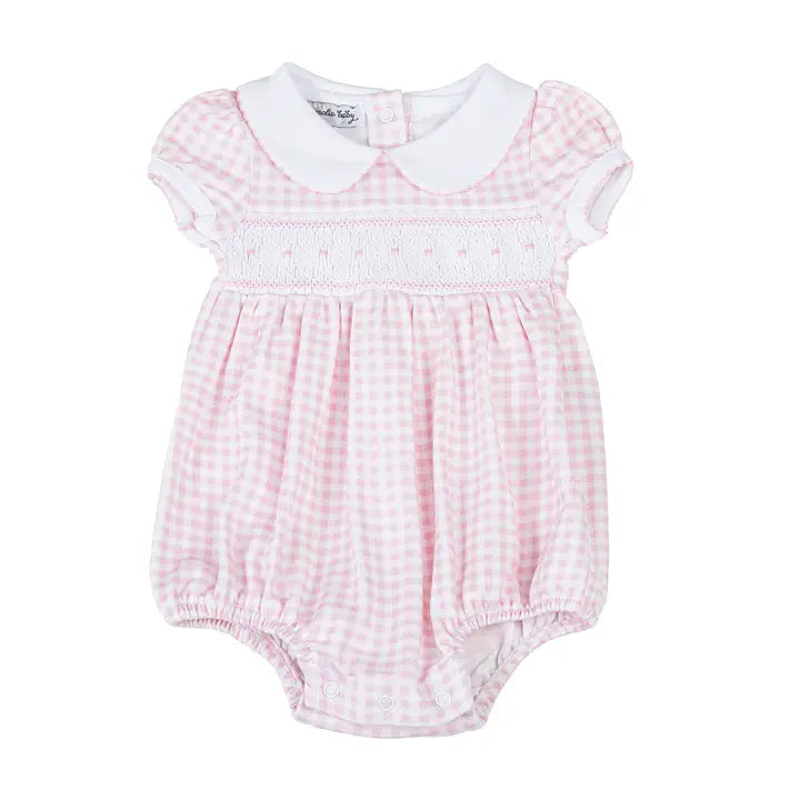 Mini Checks Smocked Collared S/S Girl Bubble - Pink