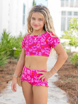 Emma Modern Flower Hot Pink Ruched 2 Piece Swimsuit