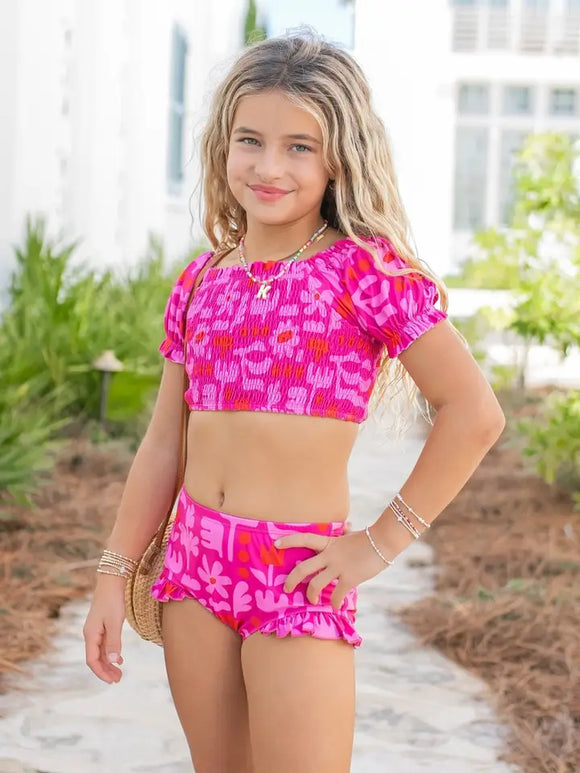 Emma Modern Flower Hot Pink Ruched 2 Piece Swimsuit