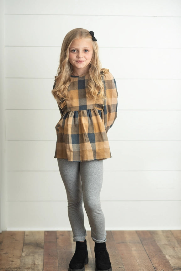 Mustard Gray Plaid Ruffle Button Set