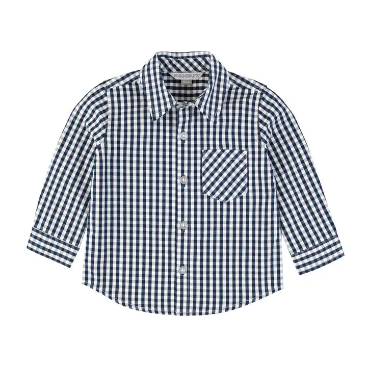 Dark Navy Gingham Long Sleeve Button Down Shirt