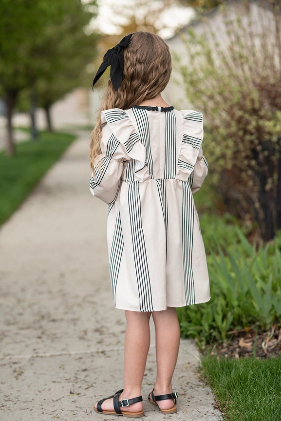 Cream & Black Stripe Puff Sleeve Dress