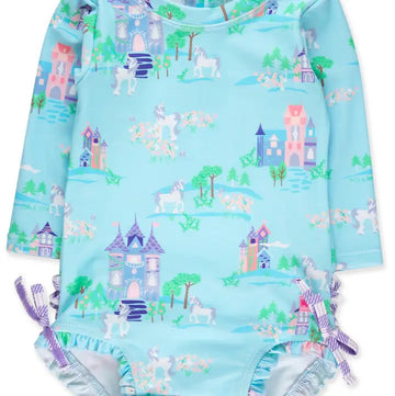 Once Upon a Castle LS One Piece Rash Guard Swimsuit w/ Rear Ruffles