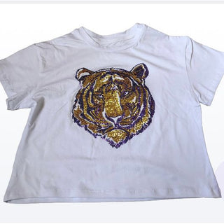 Sequin Tiger Face Purple & Gold Boxy T’ in White