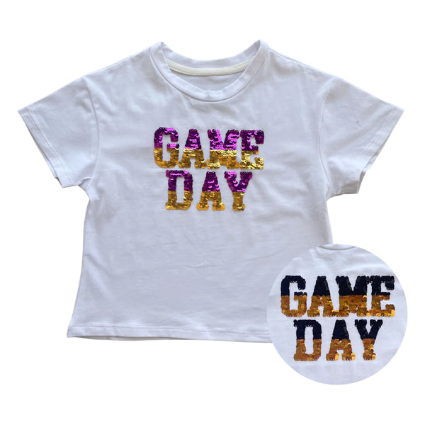 Sequin Reversible Purple/Black Solid Gold Game Day Boxy