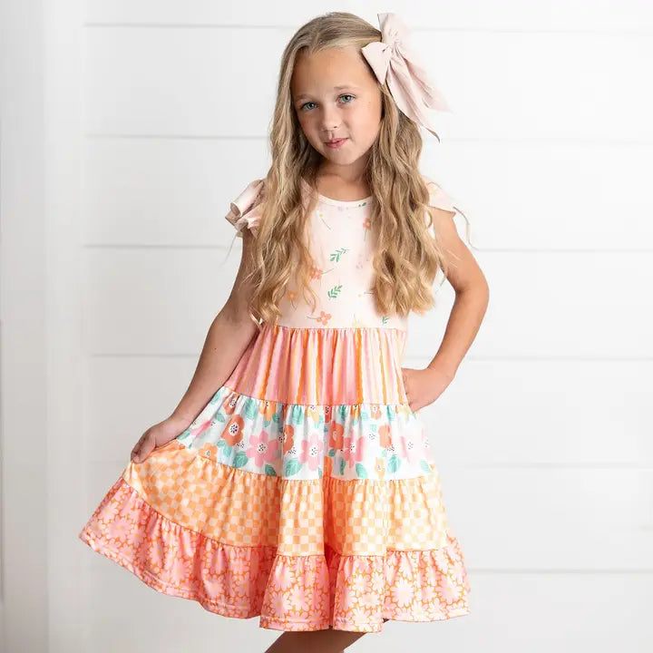 Peach Retro Floral Tiered Dress